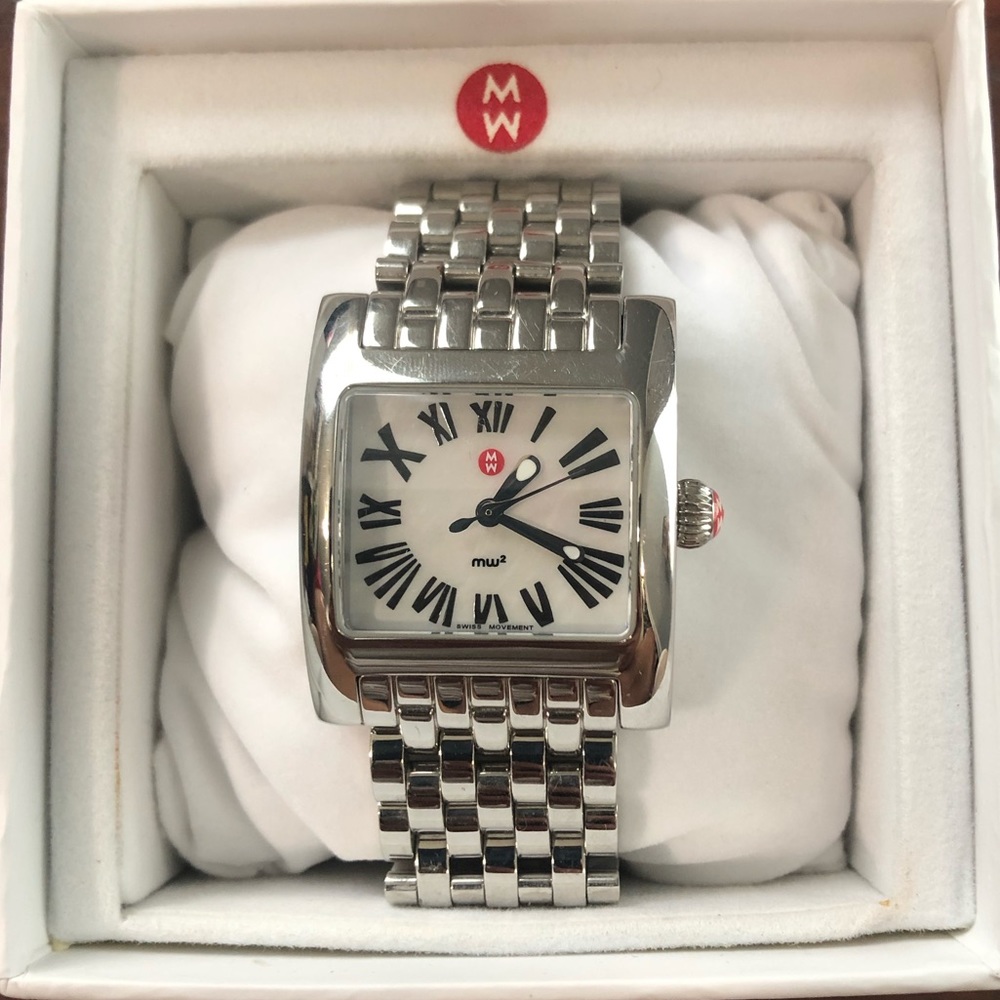 Michele square face stainless steel watch